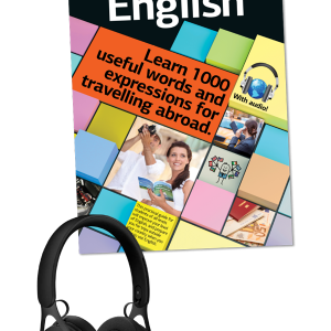 Travel English book cover with headphones