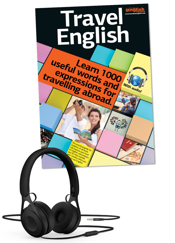 Travel English book cover with headphones