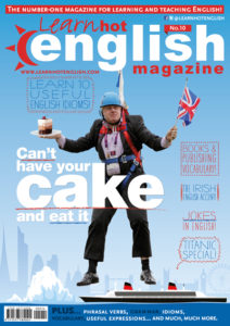 Red, white, and blue Learn Hot English Magazine cover with man holding cake and Union Jack flag