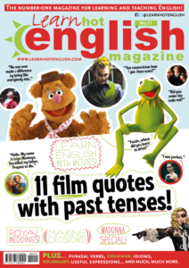 Blue, green, and white Learn Hot English Magazine cover with Kermit the Frog, Madonna, Joker, and Fozzie Bear